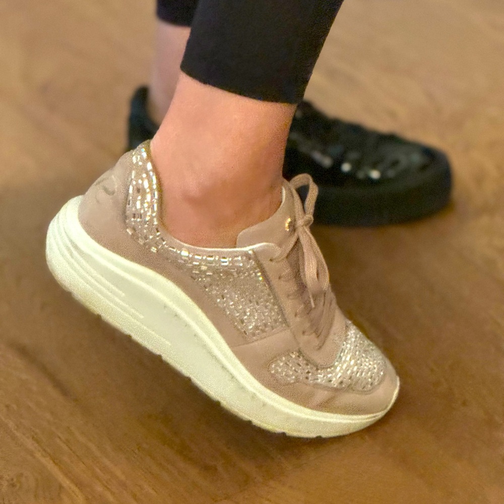 Stuart Weitzman beige suede / jeweled limited addition sneakers. Size 8